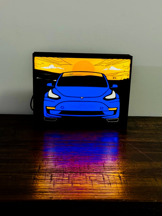 Tesla Model 3 - Stylised Car with Sunset - Night Light / Light Up Wall Art